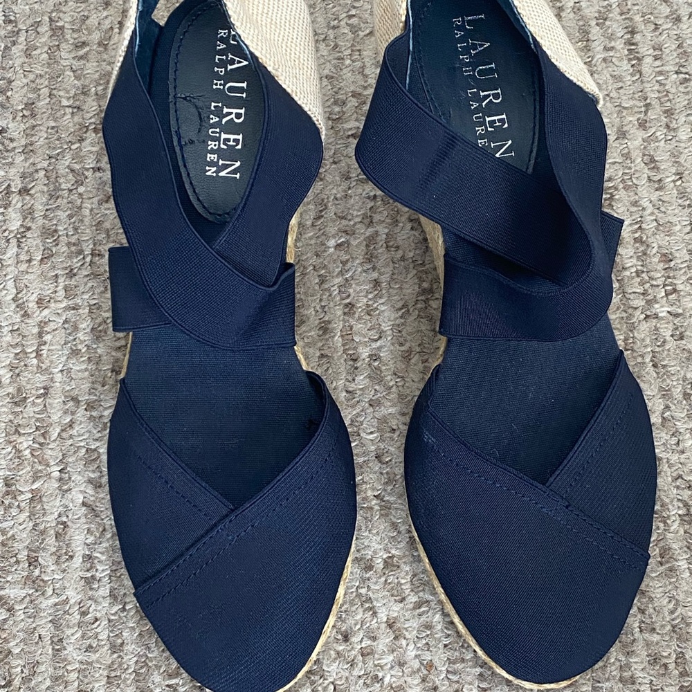 Ralph Lauren Navy and Tan Wedges Espadrilles - Picture 3 of 6